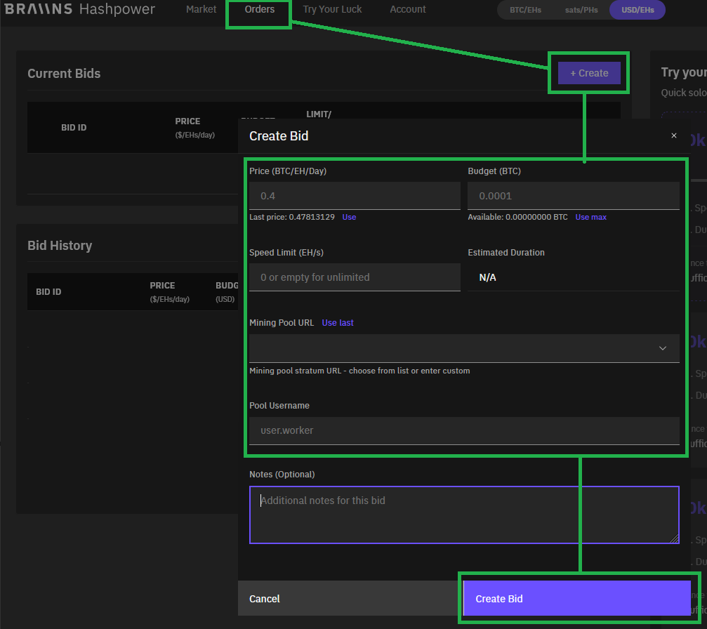 Braiins create bid dialog showing the main fields for price, budget, pool URL, and pool username