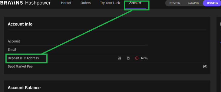 Braiins account page showing where to find the deposit BTC address