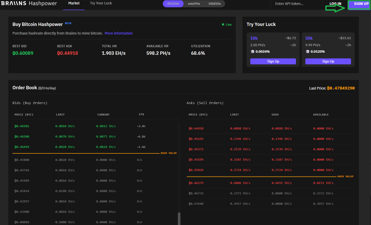 Braiins homepage showing where to create a hashpower account
