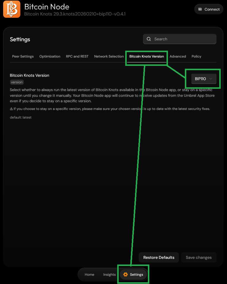Umbrel Bitcoin Knots settings showing the BIP-110 version selector