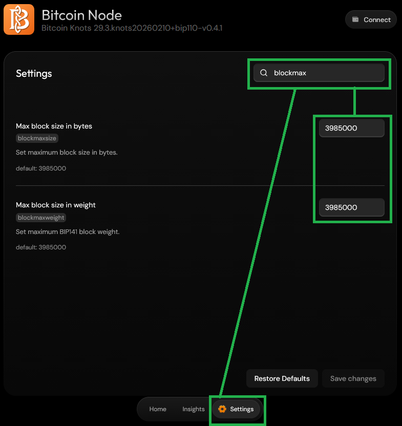 Bitcoin Knots settings search in Umbrel showing the block max size and block max weight fields