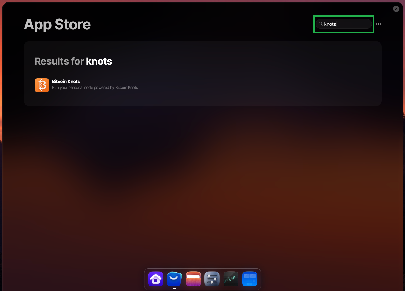 Umbrel App Store search results showing the Bitcoin Knots app