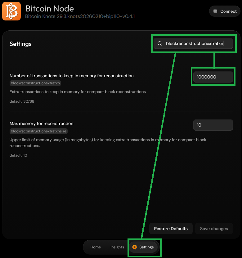Bitcoin Knots settings search in Umbrel showing the block reconstruction extra transaction field