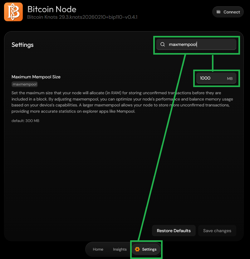 Bitcoin Knots settings search in Umbrel showing where to edit DATUM-related node values