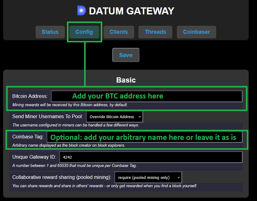 DATUM Gateway config screen in Umbrel showing the Bitcoin Address field and optional Coinbase Tag field