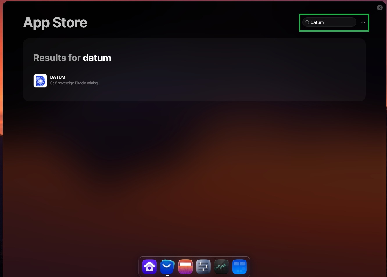 Umbrel App Store search results showing the DATUM app