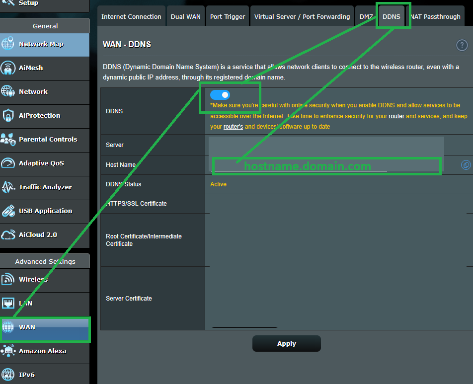 Example router DDNS screen showing a hostname configured for dynamic DNS