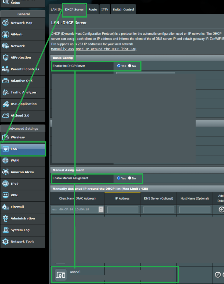 Example router DHCP reservation screen showing how to pin the Umbrel box to one local IP