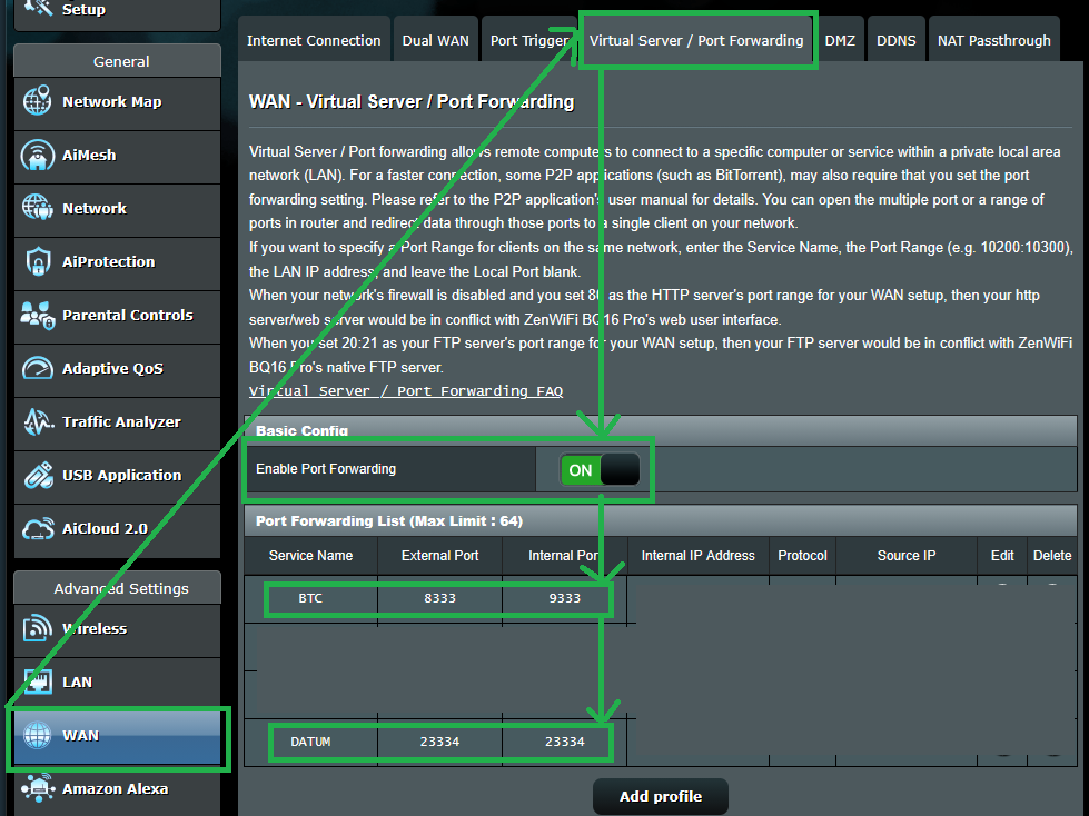 Example router port forwarding screen showing where to forward TCP port 23334 to the Umbrel machine